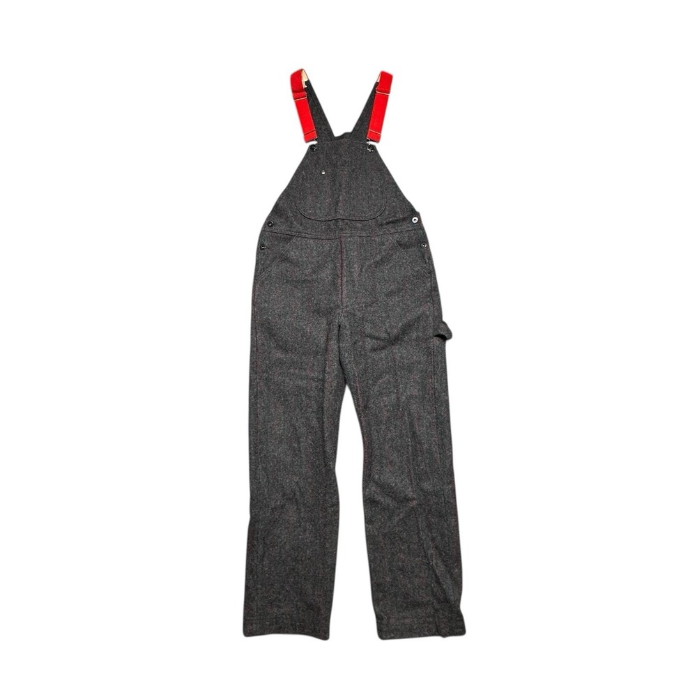 Vintage Woolrich Malone Wool Hunting Bib Overalls USA Made Plaid Grey Red Work M